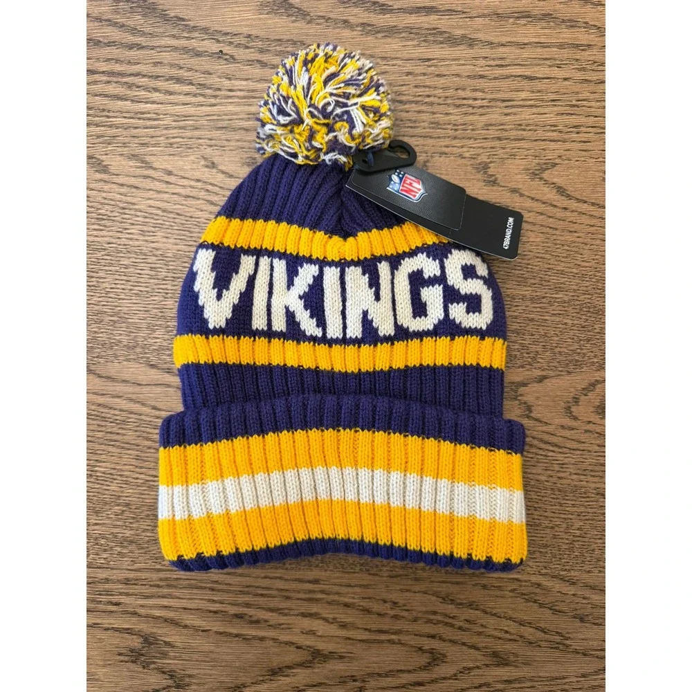Minnesota Vikings Bering 47 Brand Cuff Knit Beanie Hat Purple Gold Pom NFL NEW